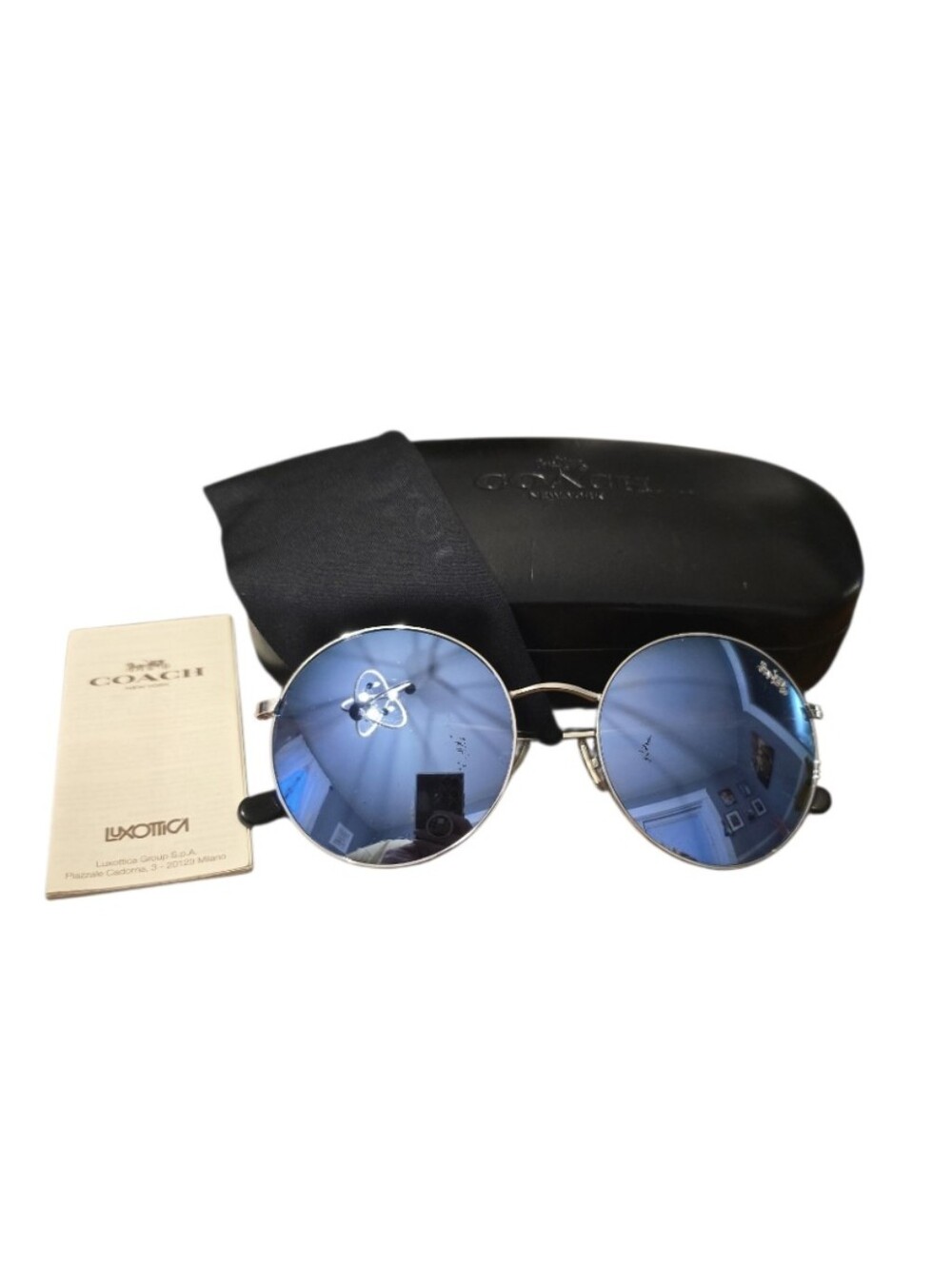 Coach Unisex Mirrored Round Sunglasses, Cleaning Cloth, Case, And Booklet In EUC - Picture 2 of 9